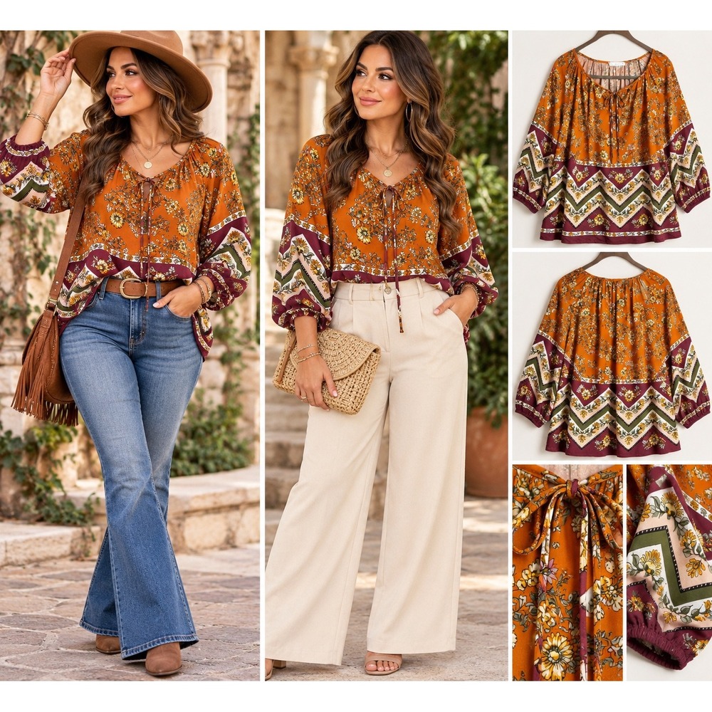 Ces Femme Orange Floral Boho Peasant Blouse  Medium